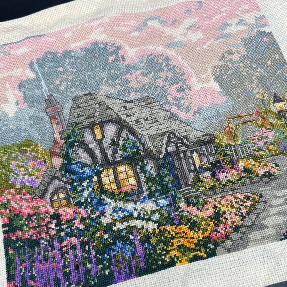 Vintage Needlepoint Embroidery Picture Handmade Cottage Garden Pink Purple Art - Picture 1 of 10